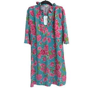 NWT Simply Southern "Roses" Sea Turquoise Shift Dress Allover Pink Roses Print
